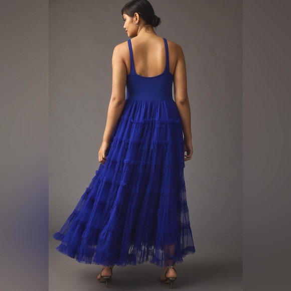 New Anthropologie Let Me Be Tiered Tulle Maxi Dress Blue - Picture 5 of 8